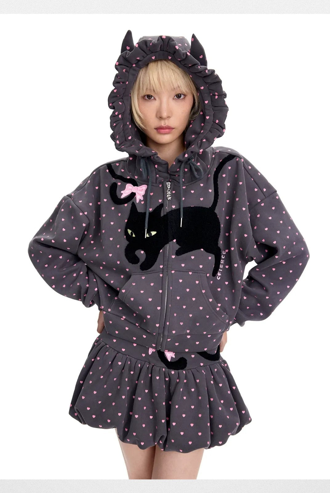 CFIERCE Embroidered Cat Tail Bubble Skirt in Gray - On Model