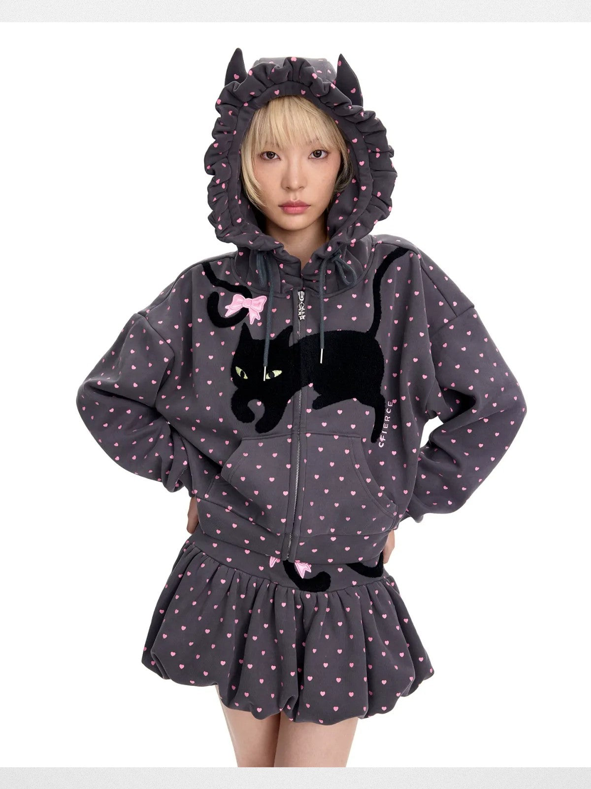 CFIERCE Embroidered Cat Tail Bubble Skirt in Gray - On Model