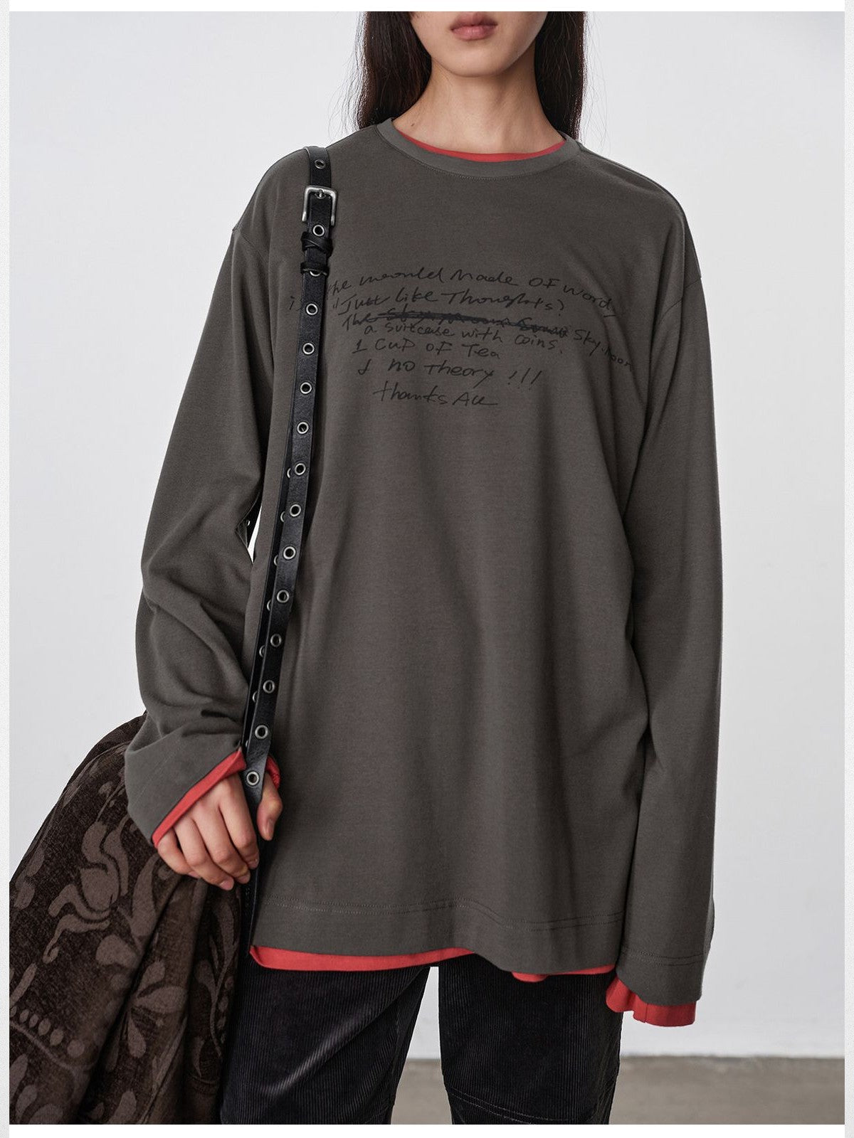 RandomPiece Letter Print Cotton T Shirt in Gray - On Model