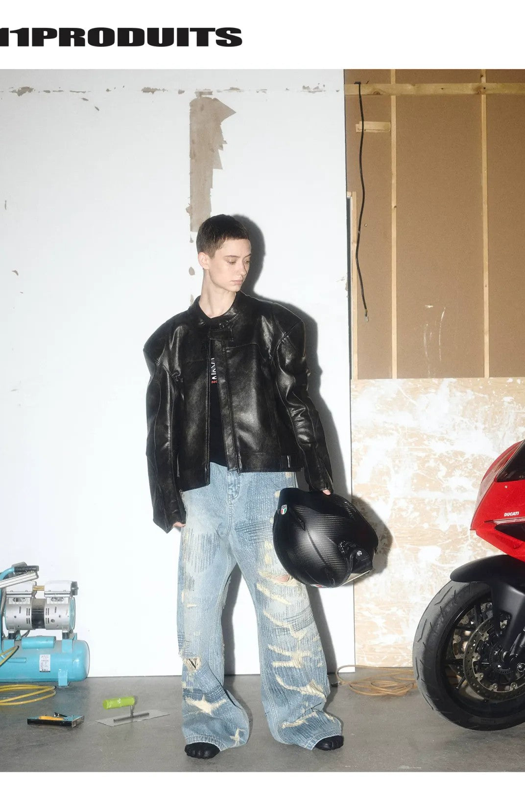 UNKNOWNWORLD Heavyweight Distressed Wide Leg Jeans in Blue - On Model