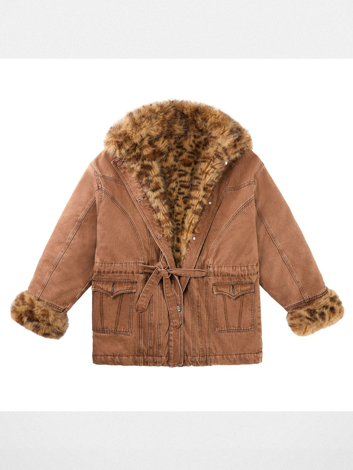 CFIERCE Leopard Lined Pink Denim Jacket in Brown