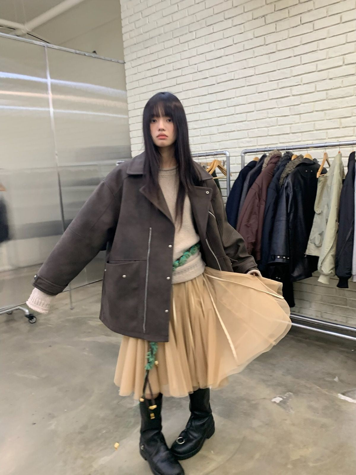 NeverSeez Padded PU Leather Trench Coat in Gray - On Female Model