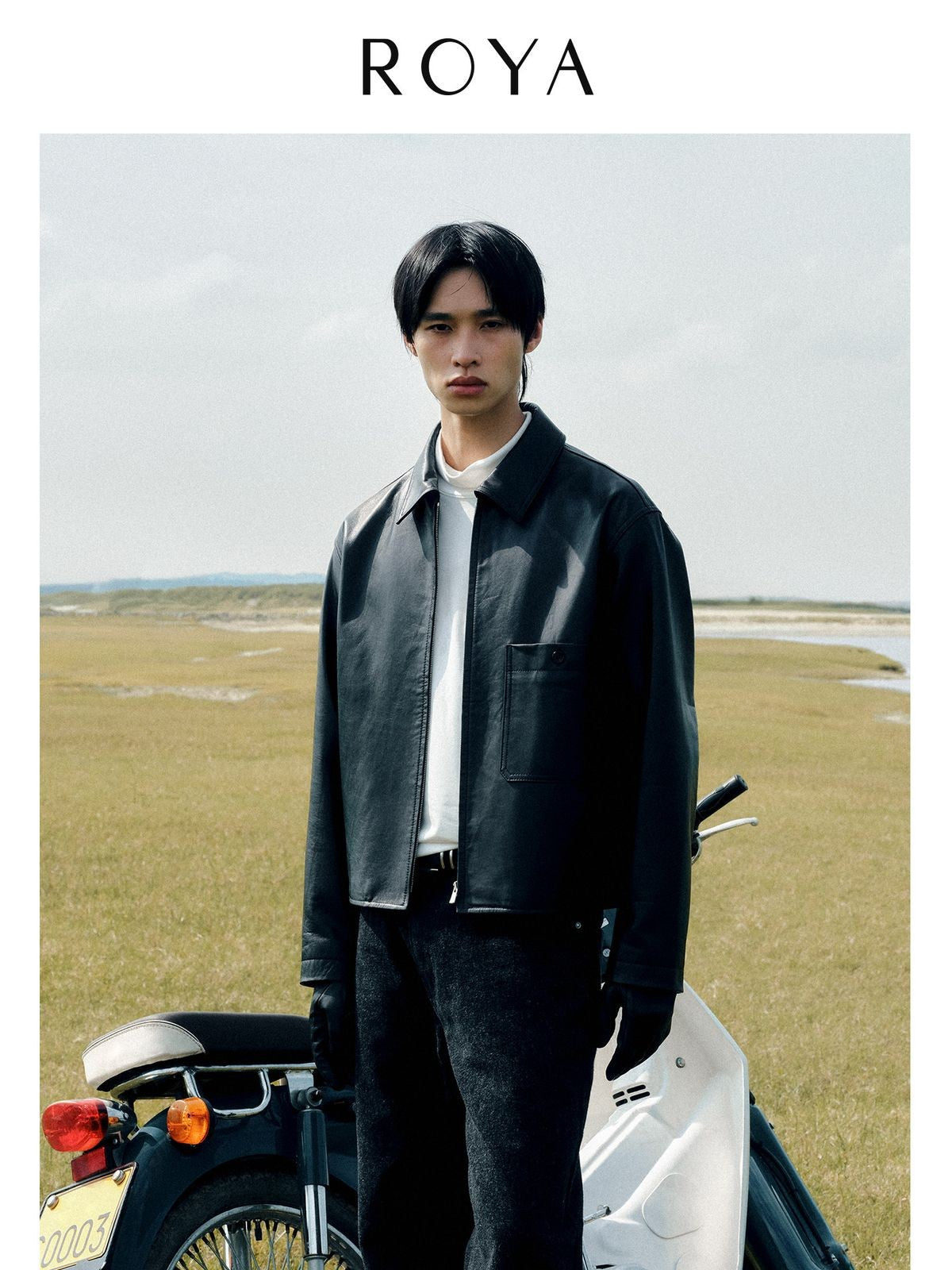 ROYA Calfskin Leather Zip Jacket in Black - On Model