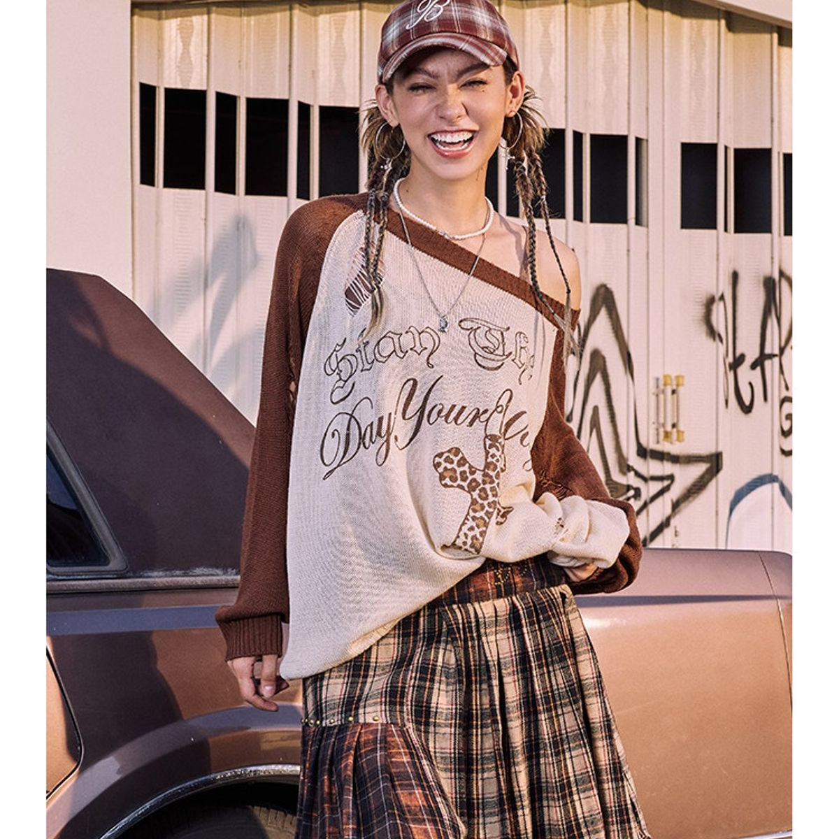 BeerBro Distressed Graphic Off Shoulder Sweater in White - On Model