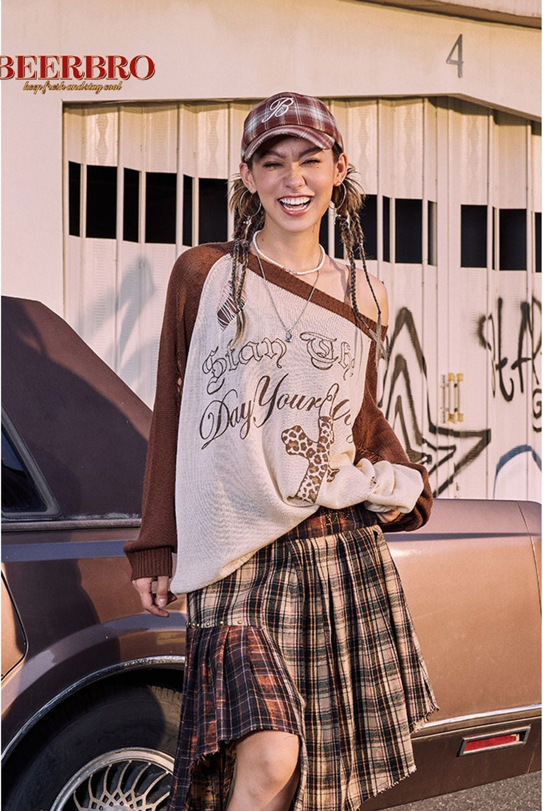 BeerBro Distressed Graphic Off Shoulder Sweater in White - On Model