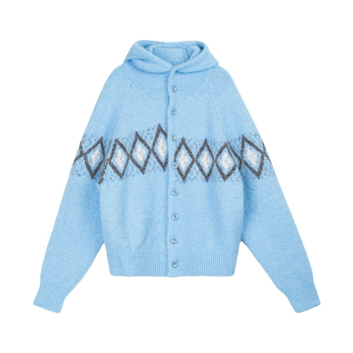 Simple Project Offset Argyle Hooded Cardigan in Sky Blue