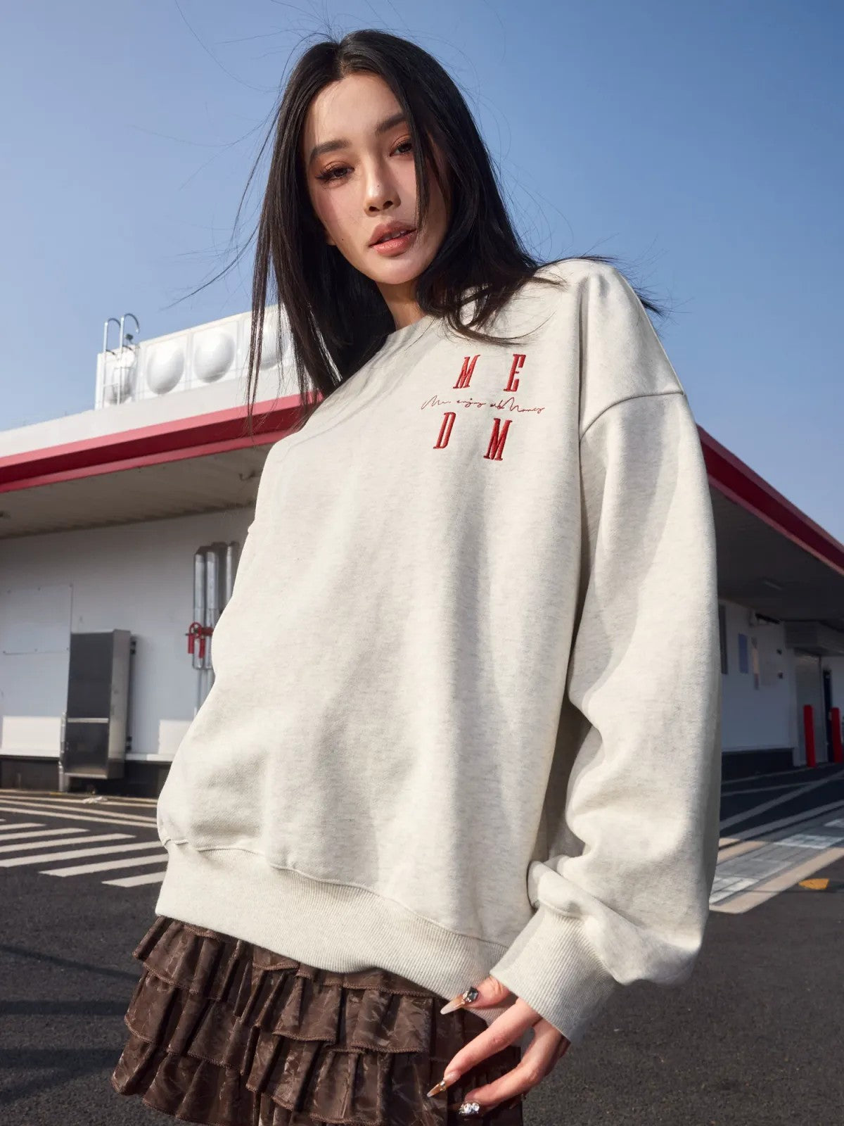 MEDM Oversized Logo Crewneck Sweatshirt in Beige