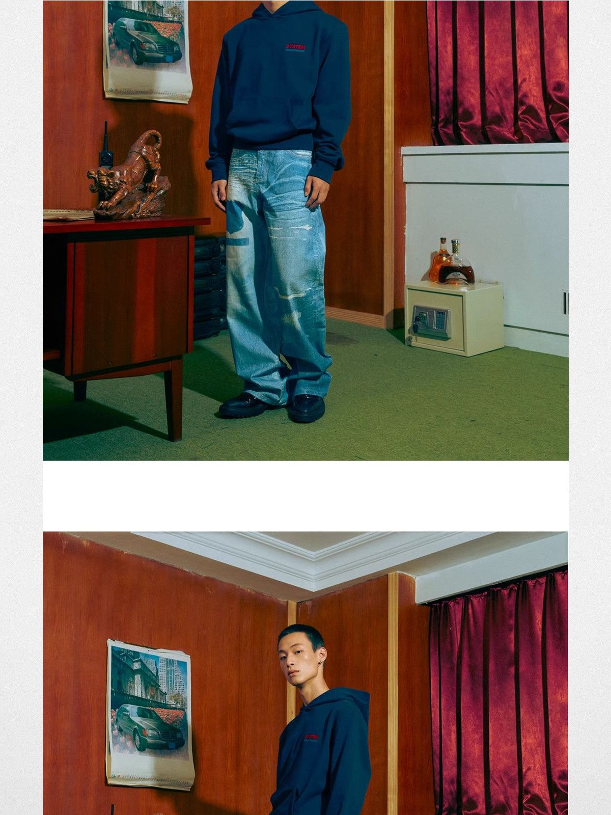 SOD Embroidered Padded Shoulder Hoodie in Blue - On Model