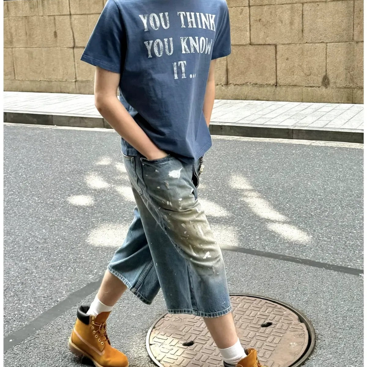 VLABMADE Mud Dyed Splatter Cropped Jeans in Blue - On Model