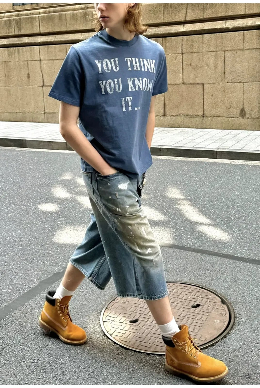 VLABMADE Mud Dyed Splatter Cropped Jeans in Blue - On Model