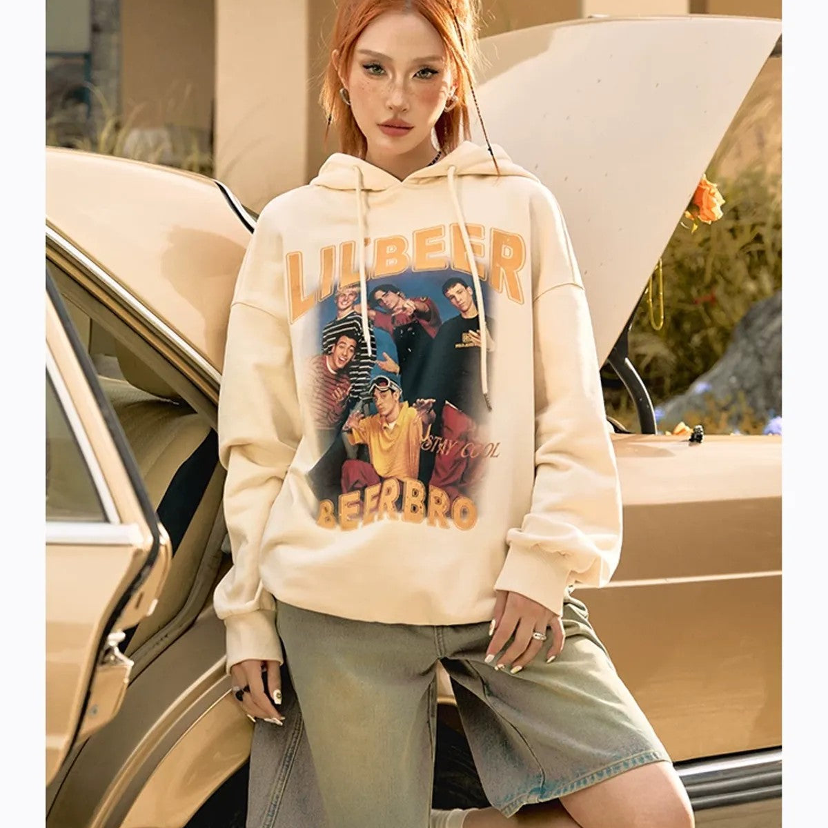 BeerBro Retro Graphic Print Hoodie in Cream - On Model