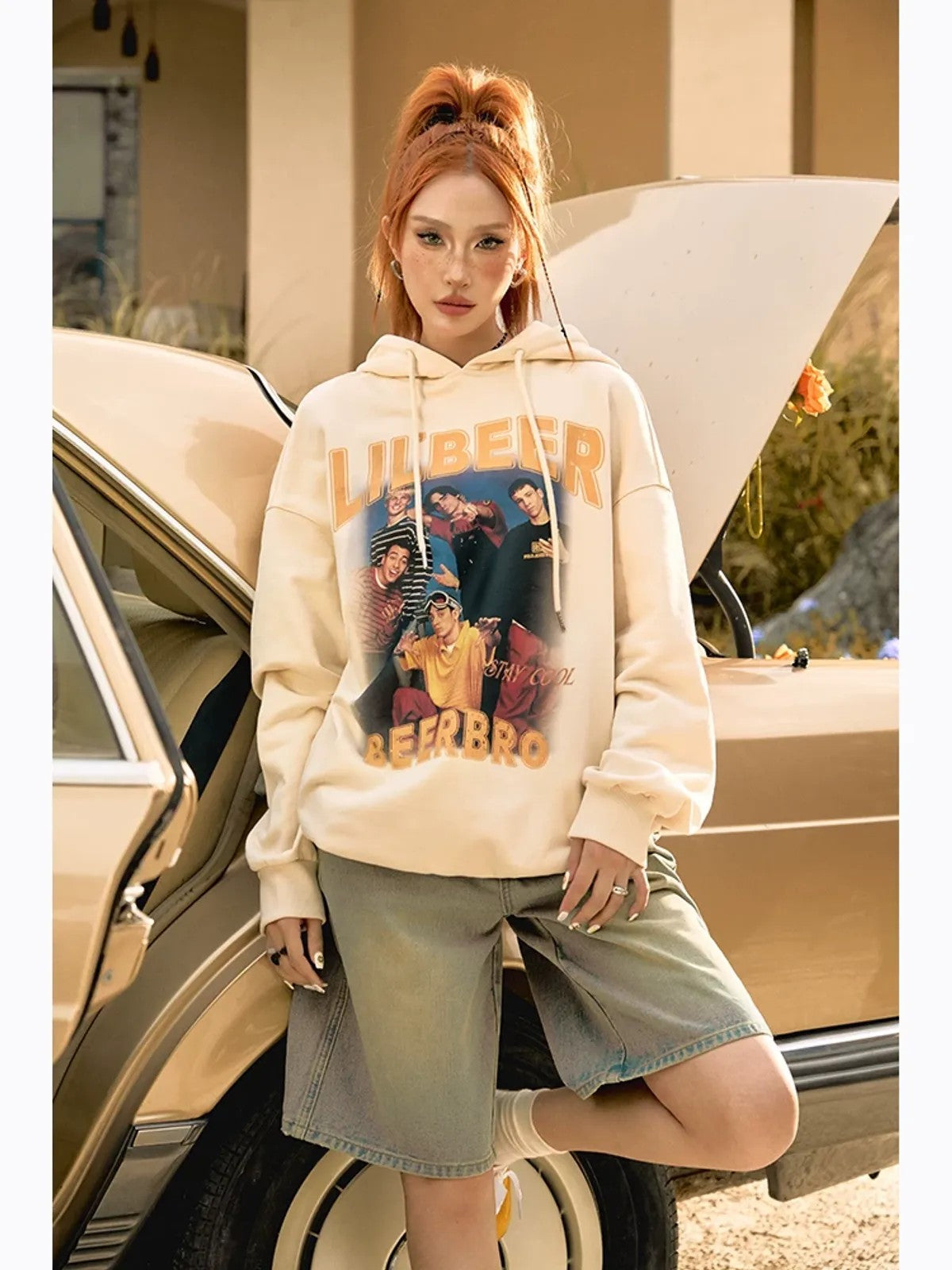 BeerBro Retro Graphic Print Hoodie in Cream - On Model