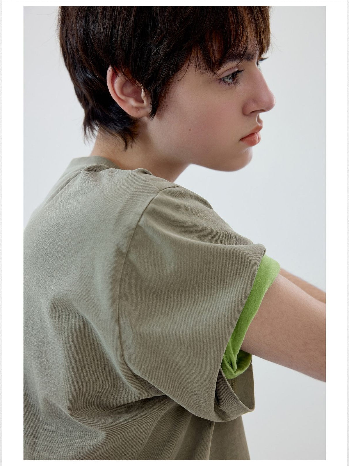 Simple Project Garment Dyed Slogan T Shirt in Olive - On Female Model