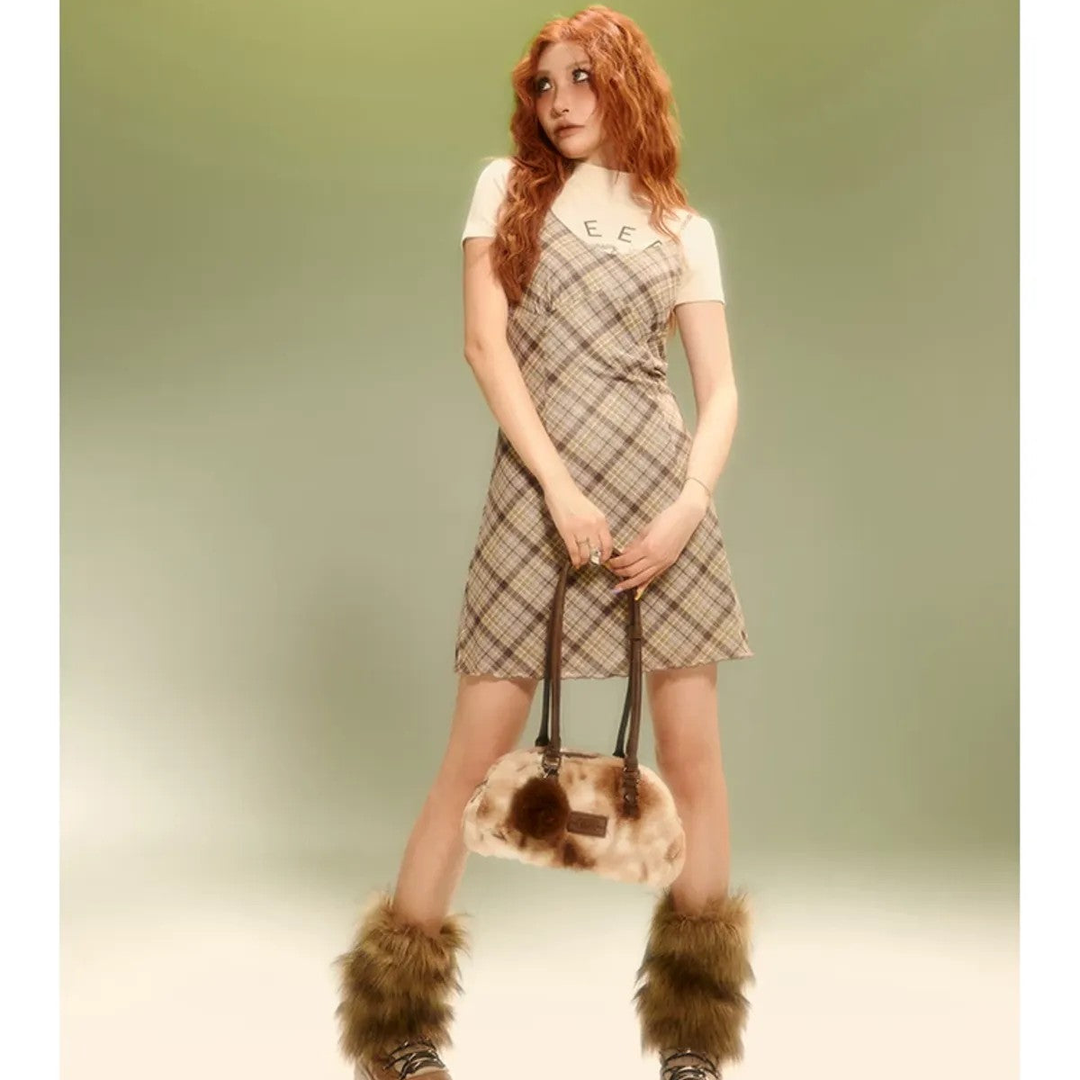 BeerBro Plaid Mesh Mini Dress in Yellow - On Model