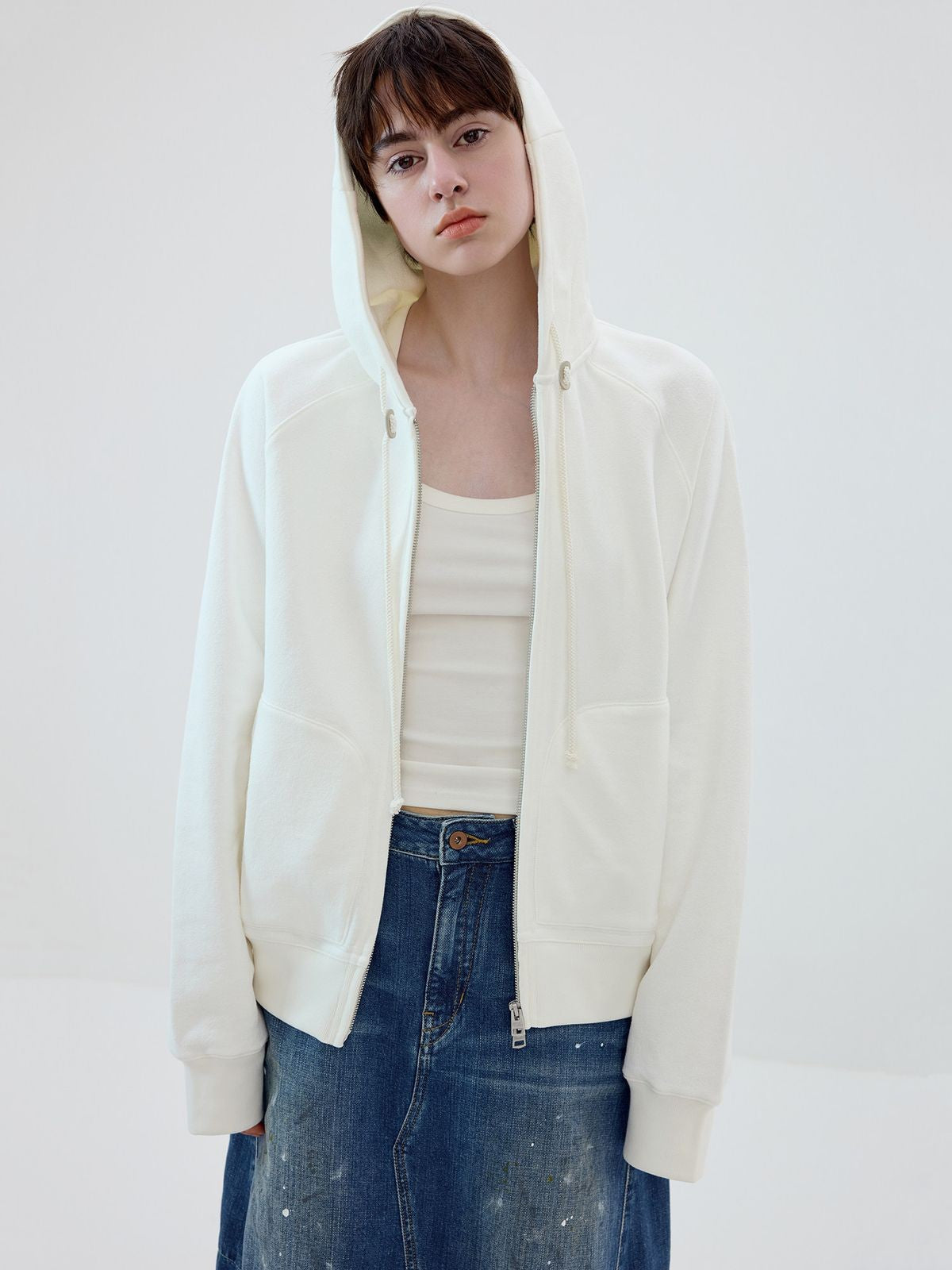 Simple Project Cotton Blend Zip Up Hoodie in White - On Female Model