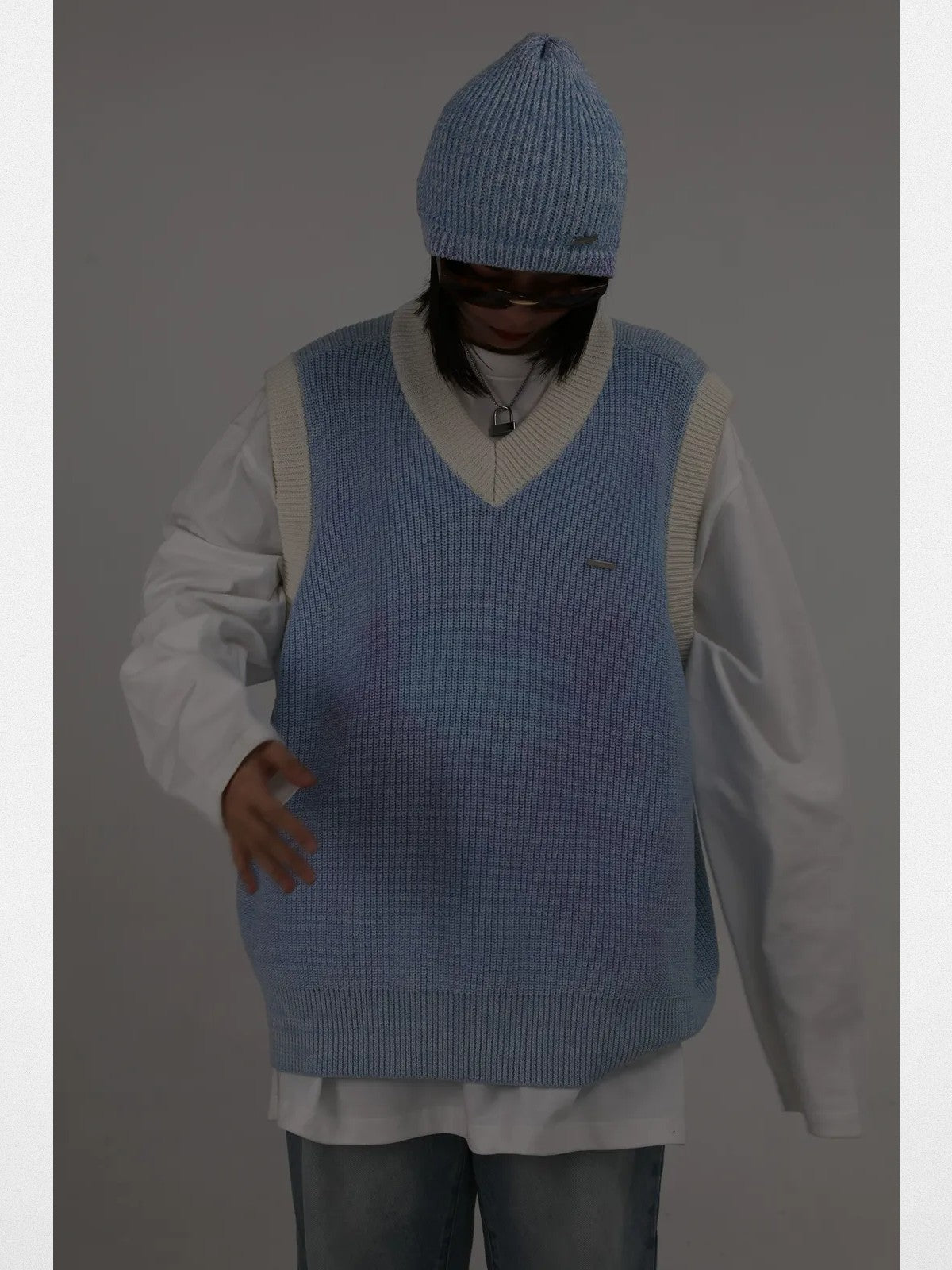 MASONPRINCE Contrast Trim V Neck Knit Vest in Sky Blue - On Model