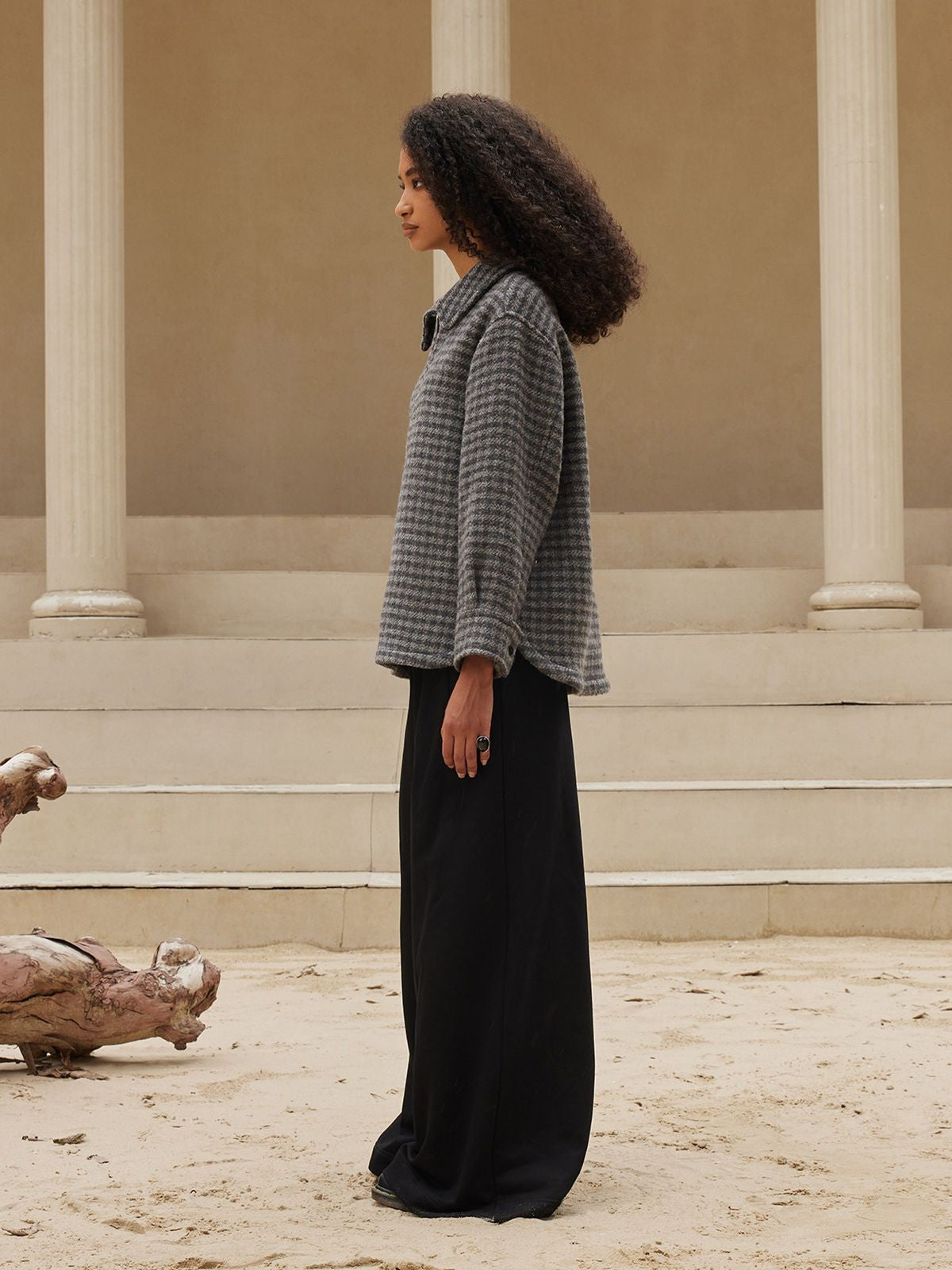 alright then Houndstooth Wool Blend Half Zip Jacket in Gray - On Model