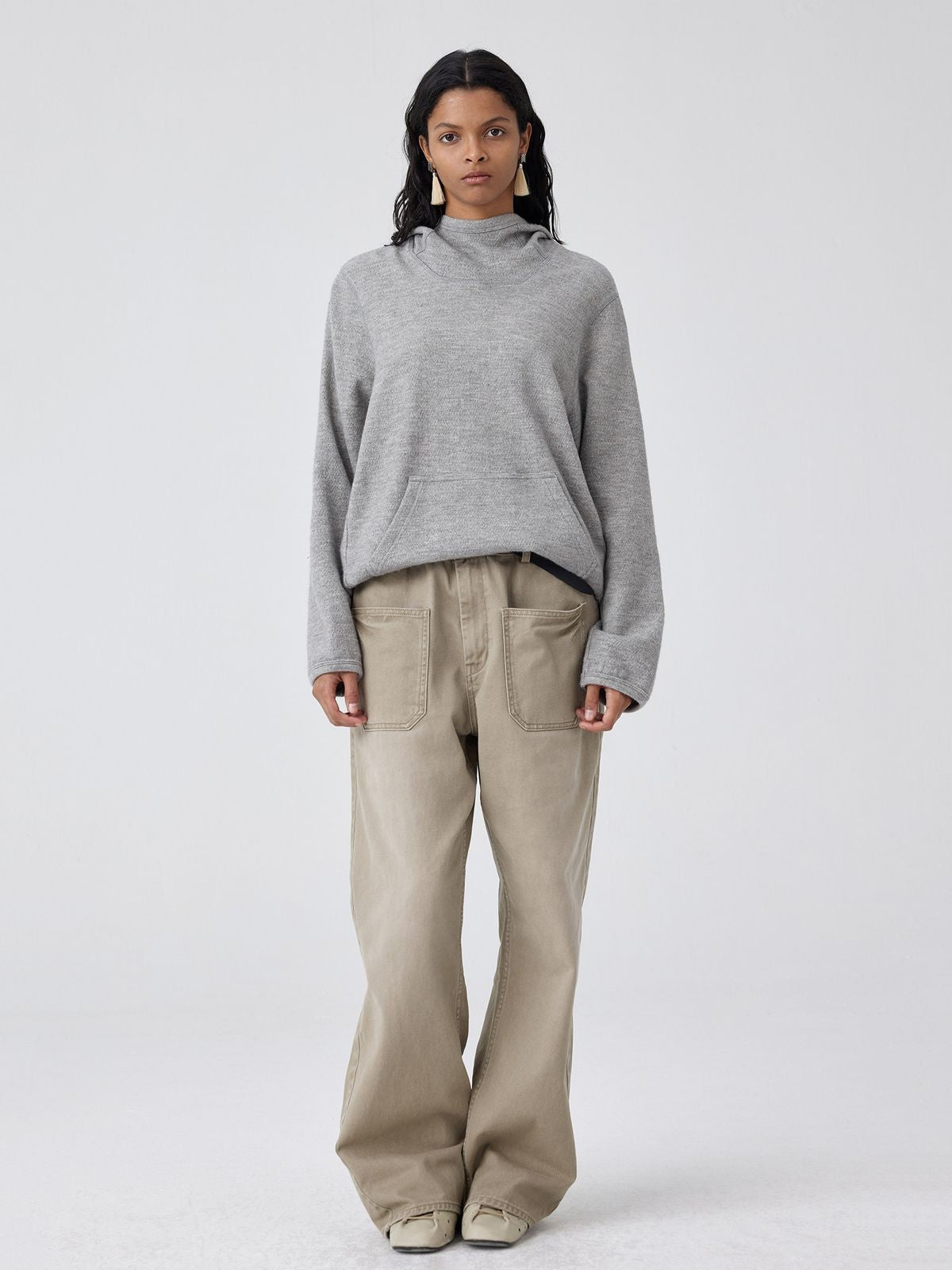 Simple Project Pom Pom Detail Hoodie in Gray - On Female Model