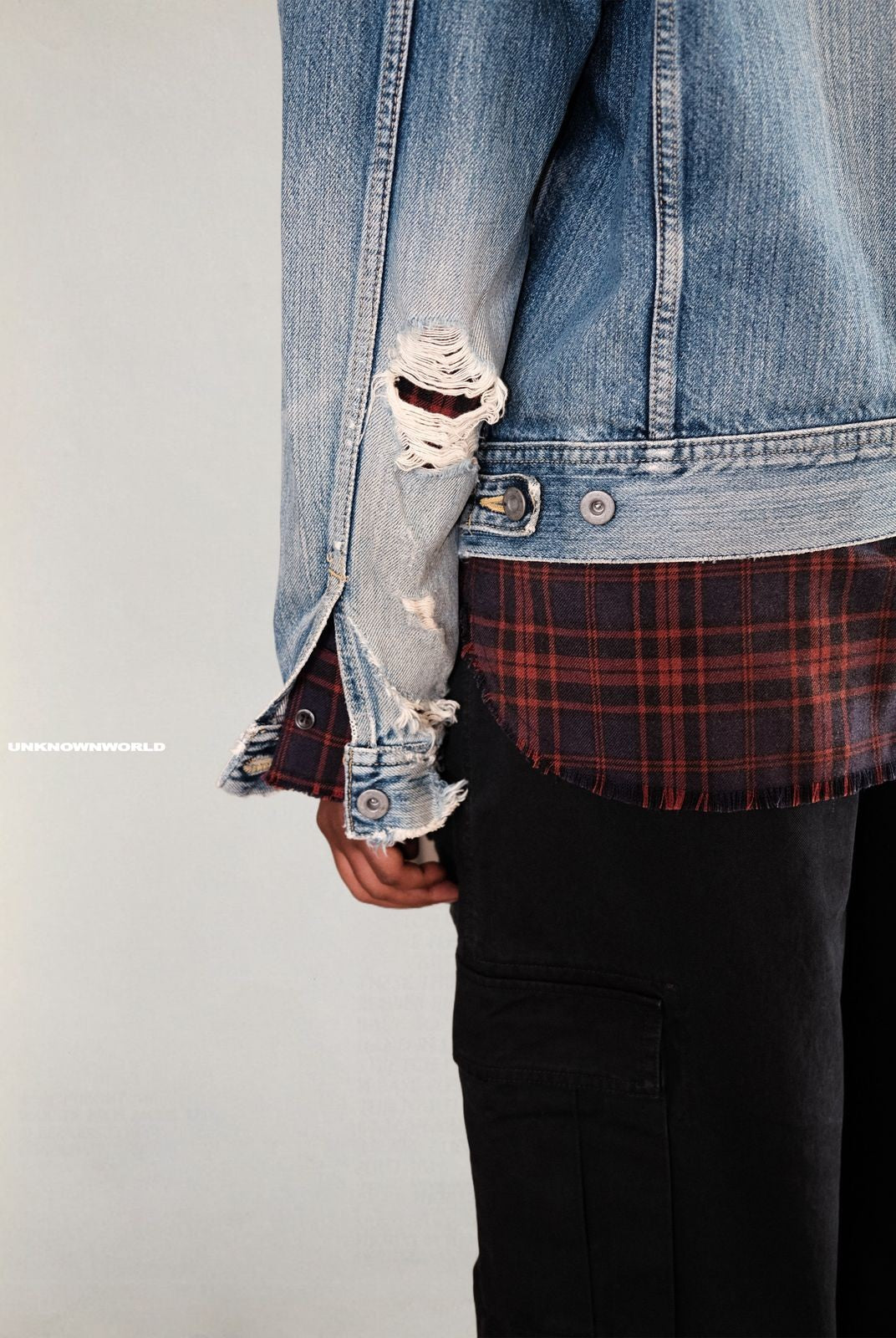 UNKNOWNWORLD Heavy Distressed Denim Jacket in Blue - On Model