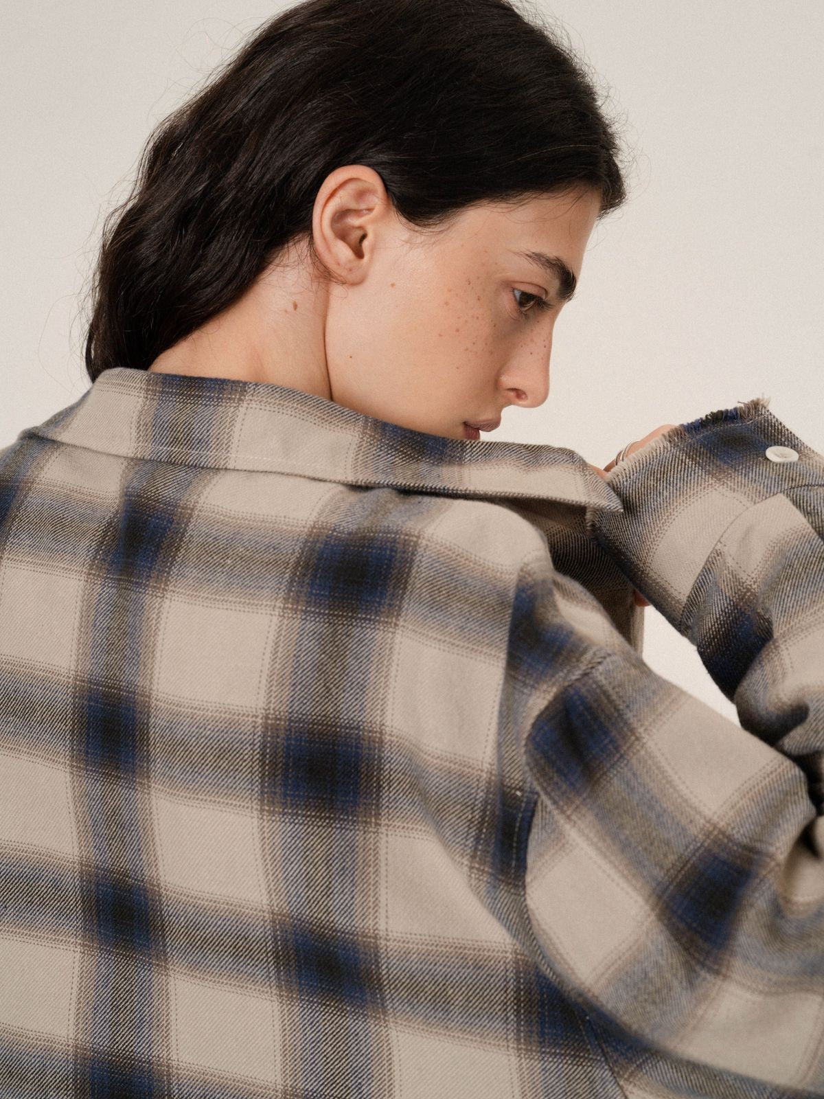 Retro 21 Japanese Flannel Raw Hem Plaid Shirt in Khaki - On Female Model