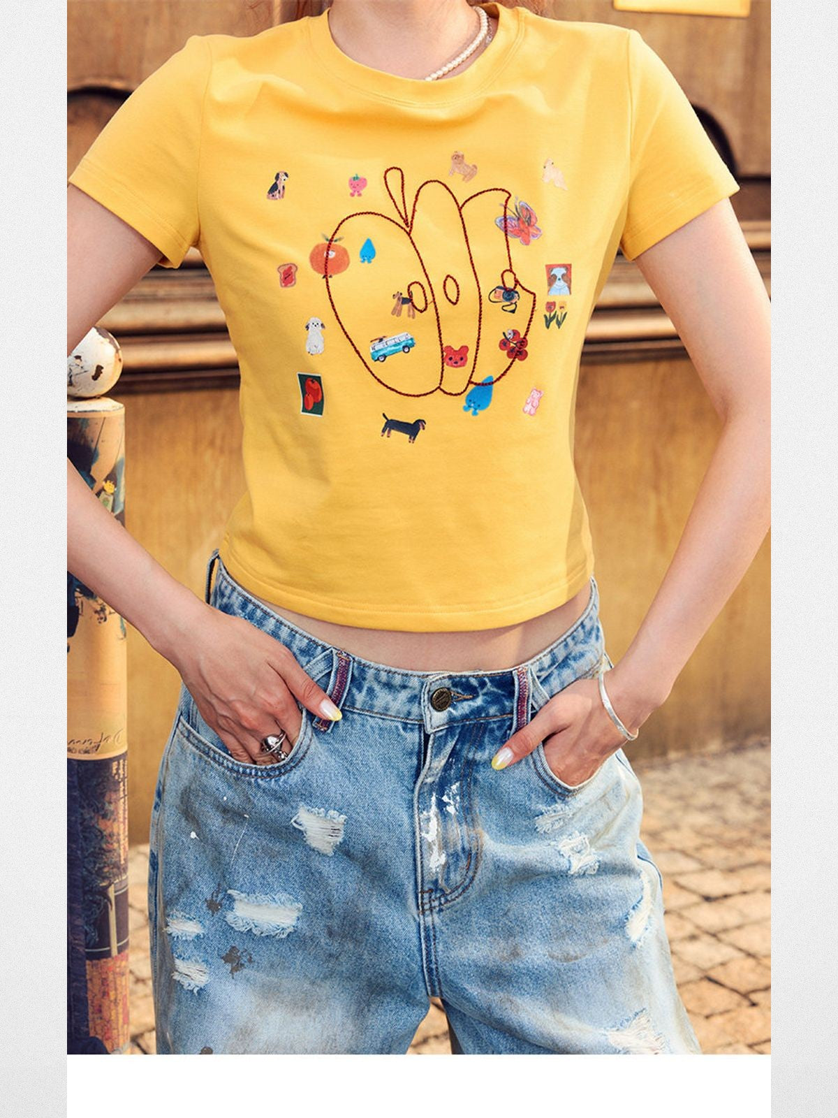BeerBro Embroidered Apple Crop Tee in Yellow - On Model