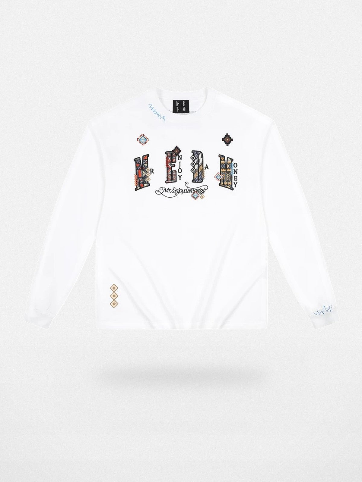 MEDM Ethnic Patchwork Long Sleeve Tee in White