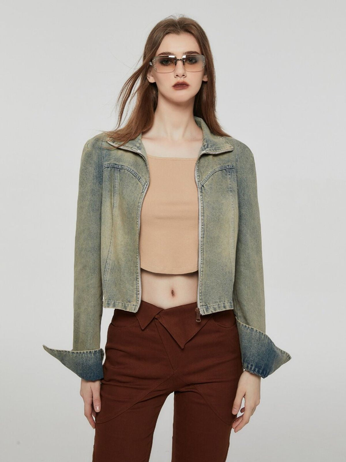 Amee Cropped Zip Up Denim Jacket in Green - On Model