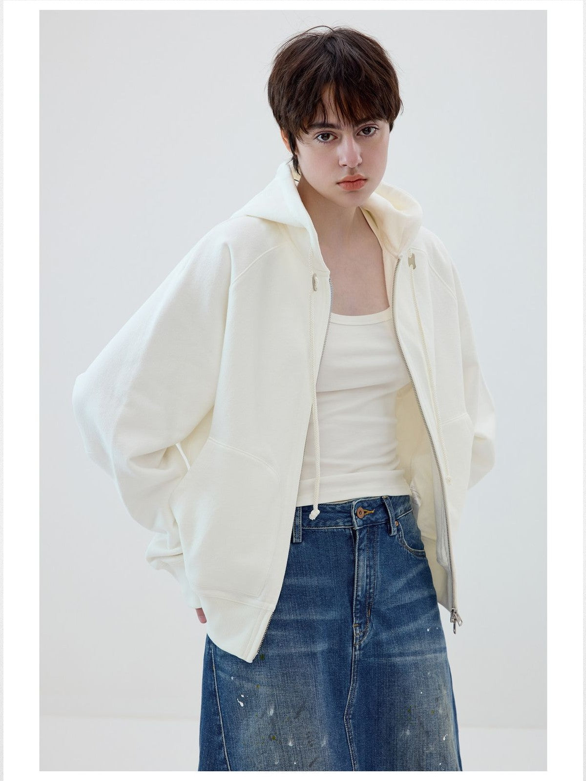 Simple Project Cotton Blend Zip Up Hoodie in White - On Female Model