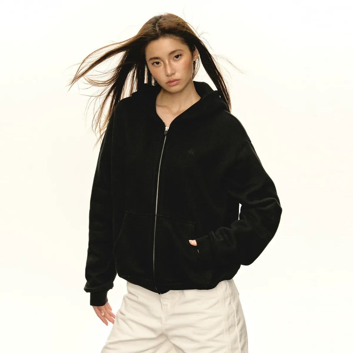 ARISEISM Oversized Cotton Blend Zip Up Hoodie in Black - On Model