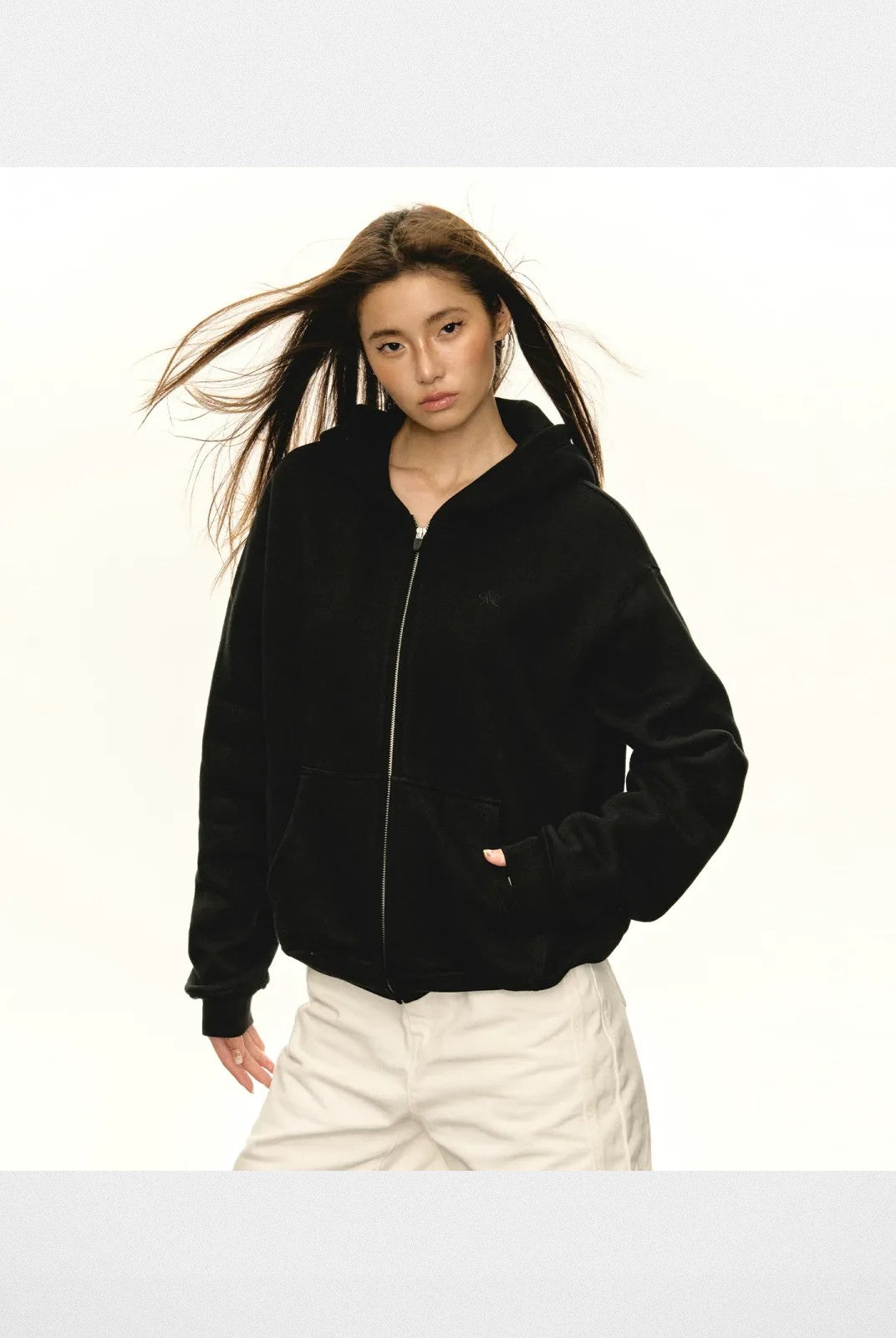 ARISEISM Oversized Cotton Blend Zip Up Hoodie in Black - On Model
