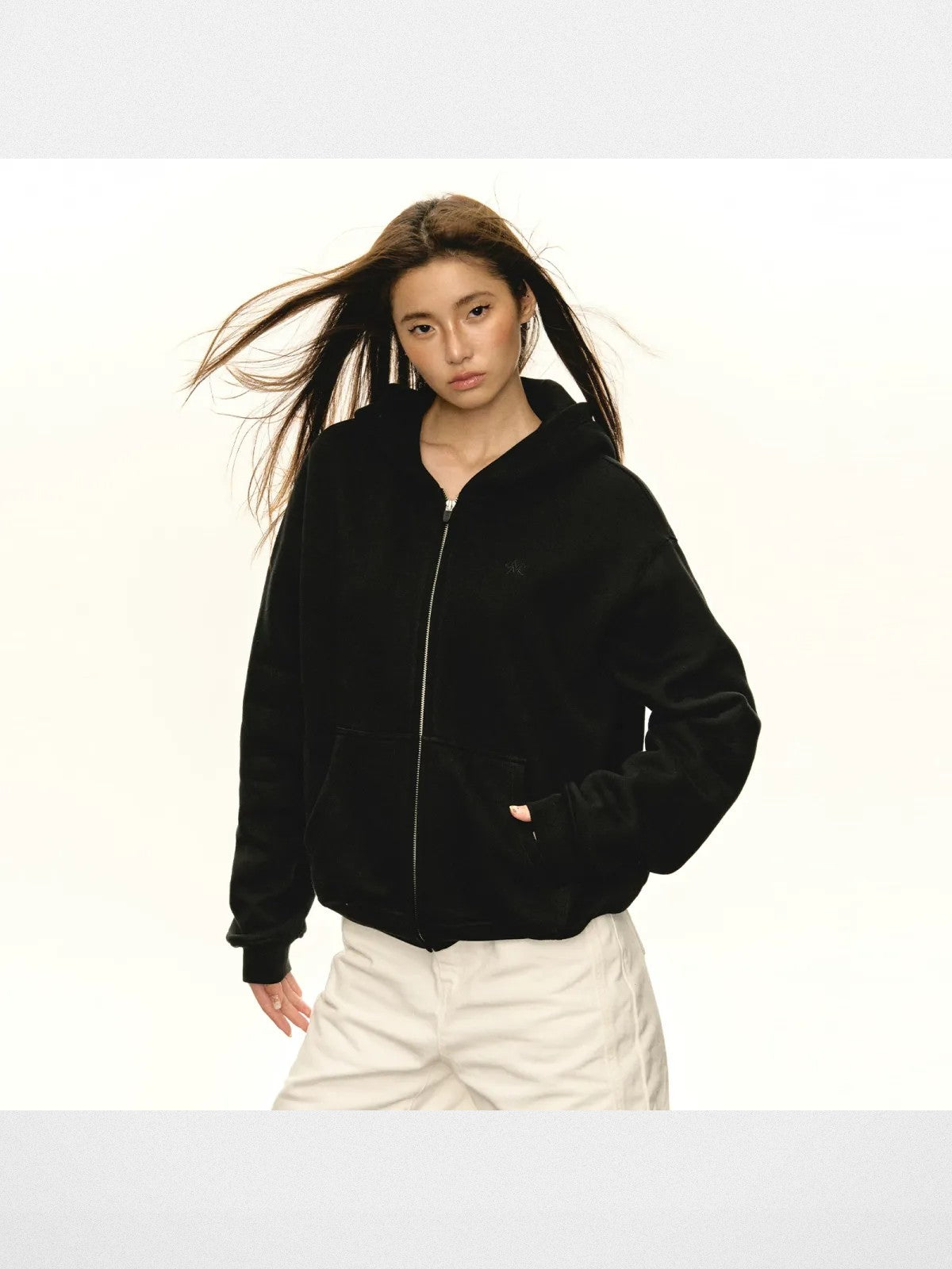 ARISEISM Oversized Cotton Blend Zip Up Hoodie in Black - On Model