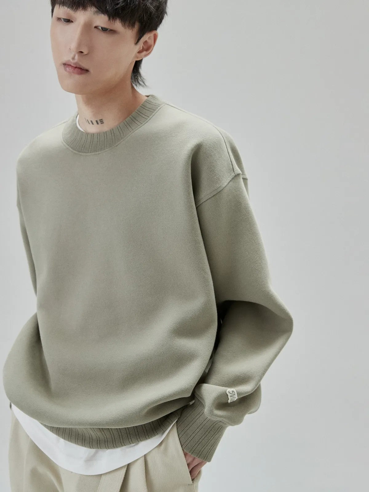 NANS Heavyweight Brushed Fleece Crewneck in Olive - On Model