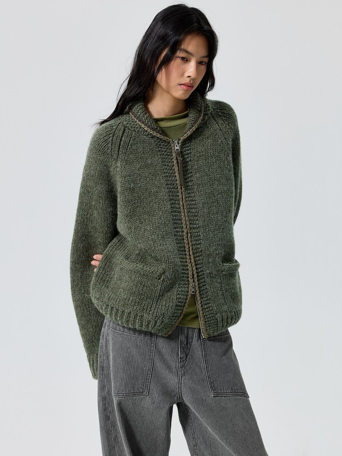 Simple Project Wool Blend Cowichan Zip Sweater in Green - On Female Model