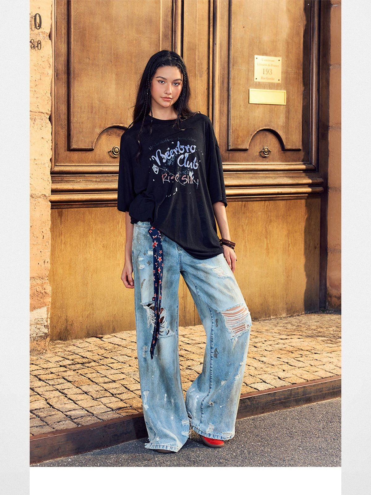 BeerBro Distressed Dirty Wash Relaxed Jeans in Blue - On Model