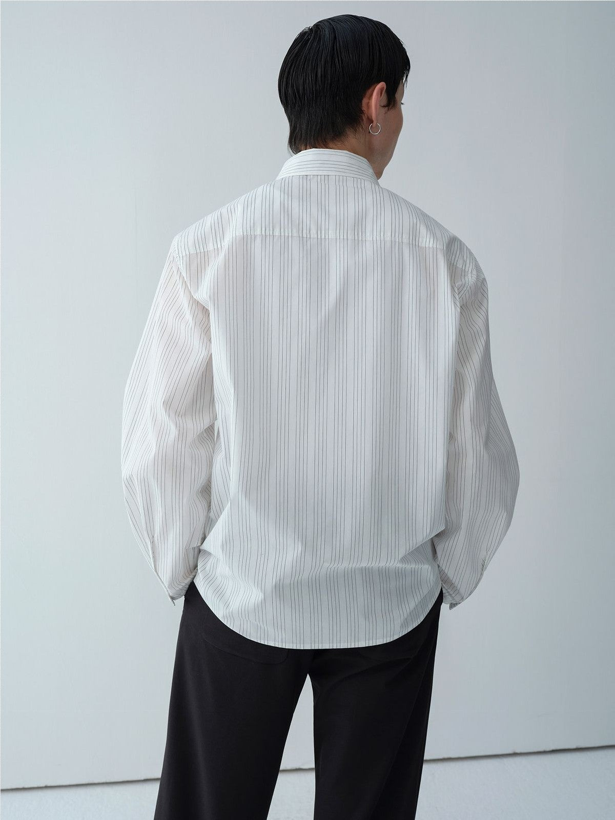 ROYA Hidden Placket Pinstripe Shirt in Black - On Model