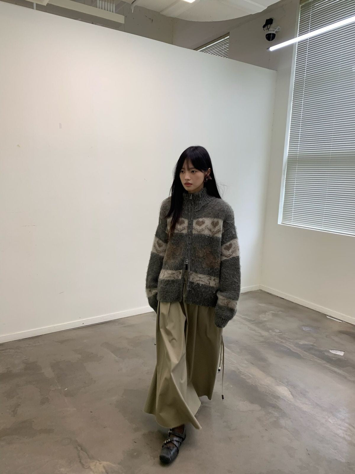 NeverSeez Fair Isle Dog Zip Up Cardigan in Gray - On Female Model