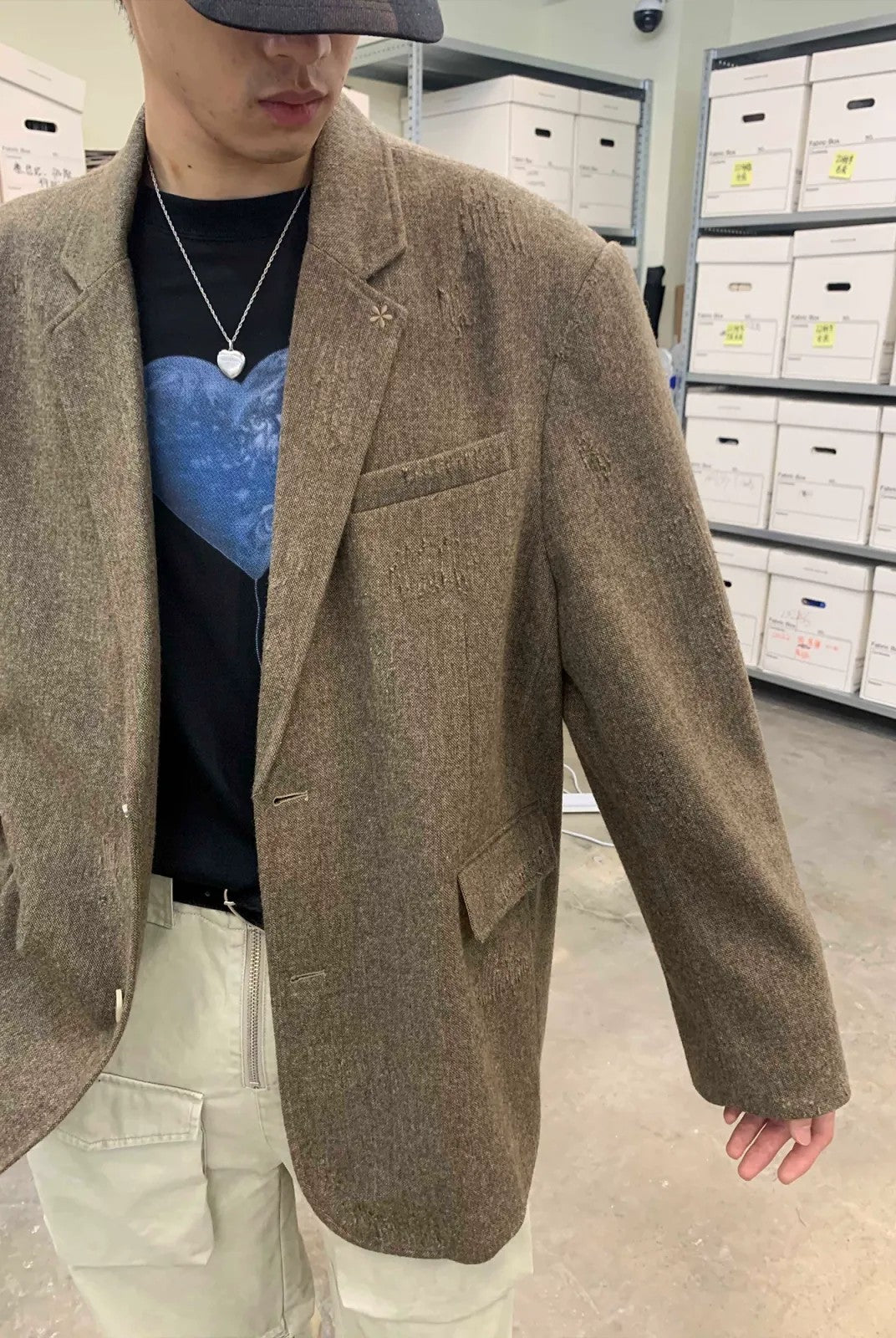 NeverSeez Hand Distressed Embroidered Blazer in Brown