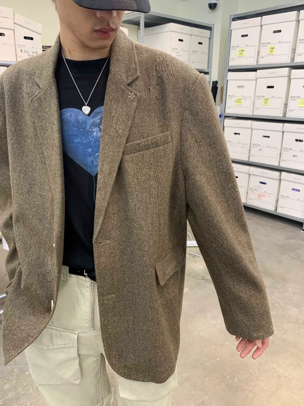 NeverSeez Hand Distressed Embroidered Blazer in Brown