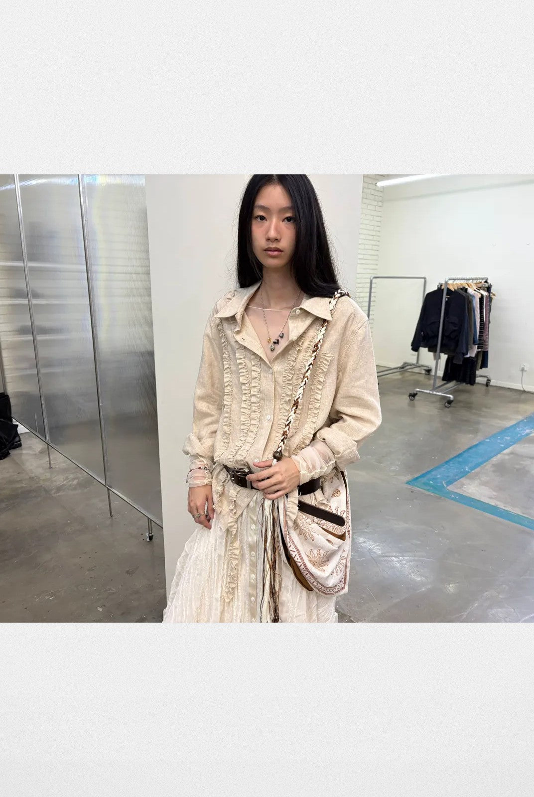 NeverSeez Lyocell Linen Fringe Shirt in Gray - On Model