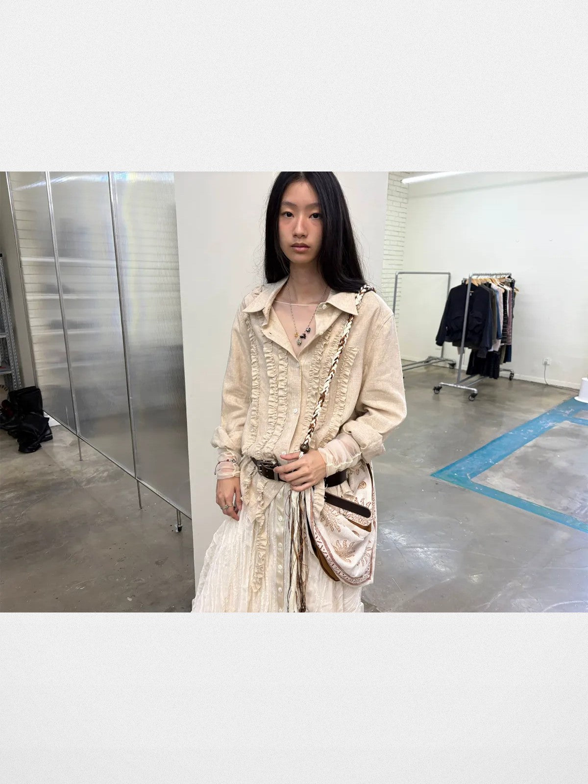 NeverSeez Lyocell Linen Fringe Shirt in Gray - On Female Model