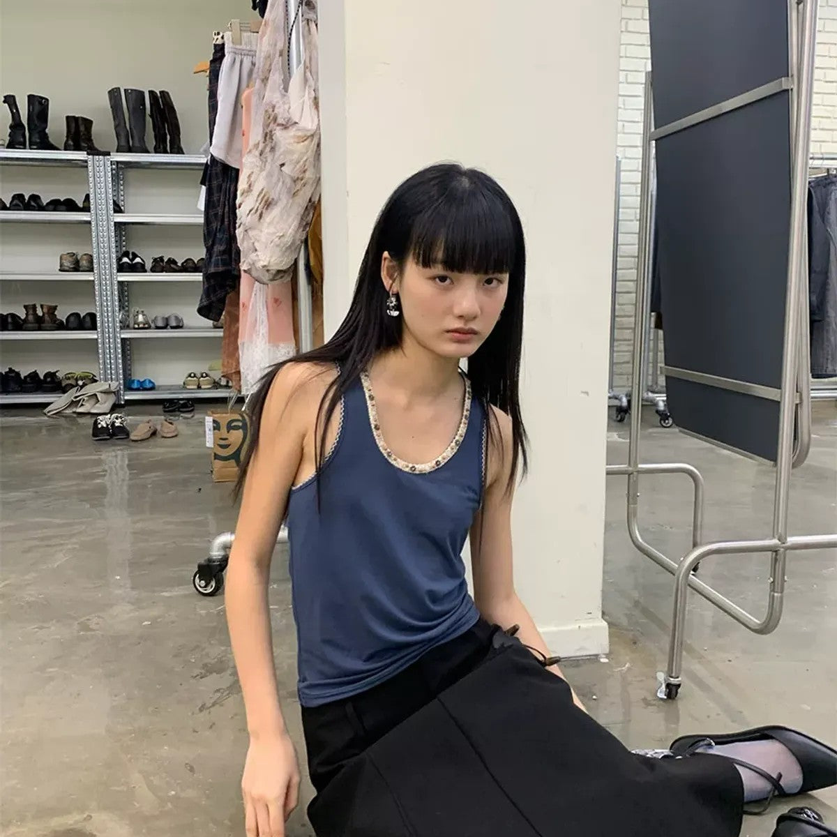 NeverSeez Beaded Lyocell Wool Tank Top in Blue - On Model