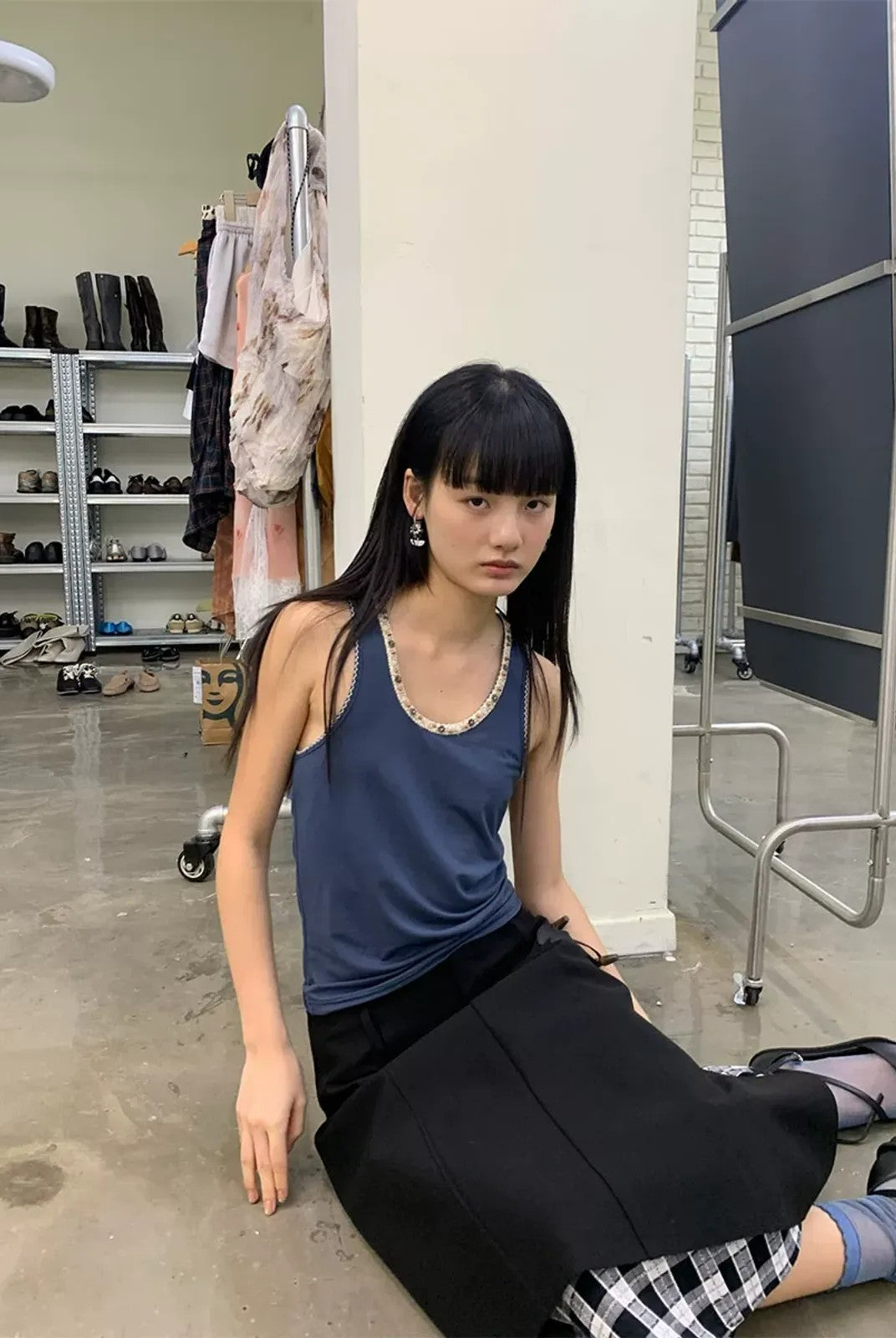 NeverSeez Beaded Lyocell Wool Tank Top in Blue - On Model