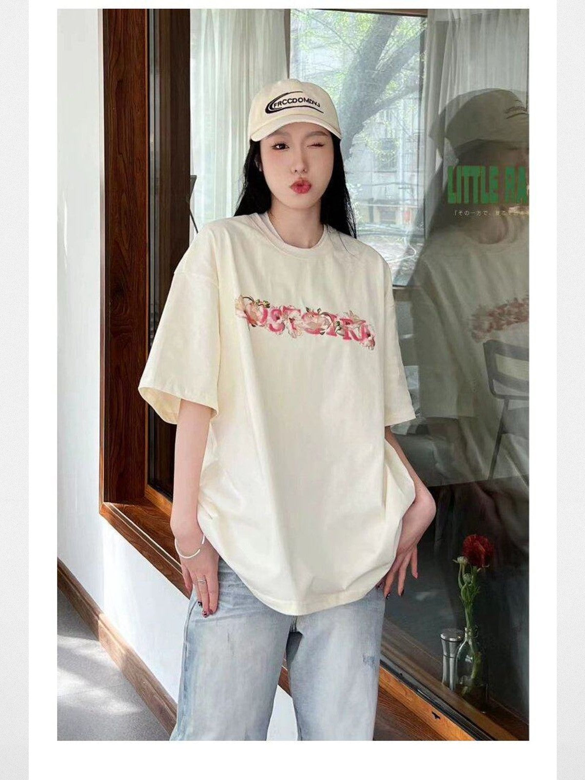 LOSTCTRL Camellia Graphic Print T Shirt in Cream - On Female Model