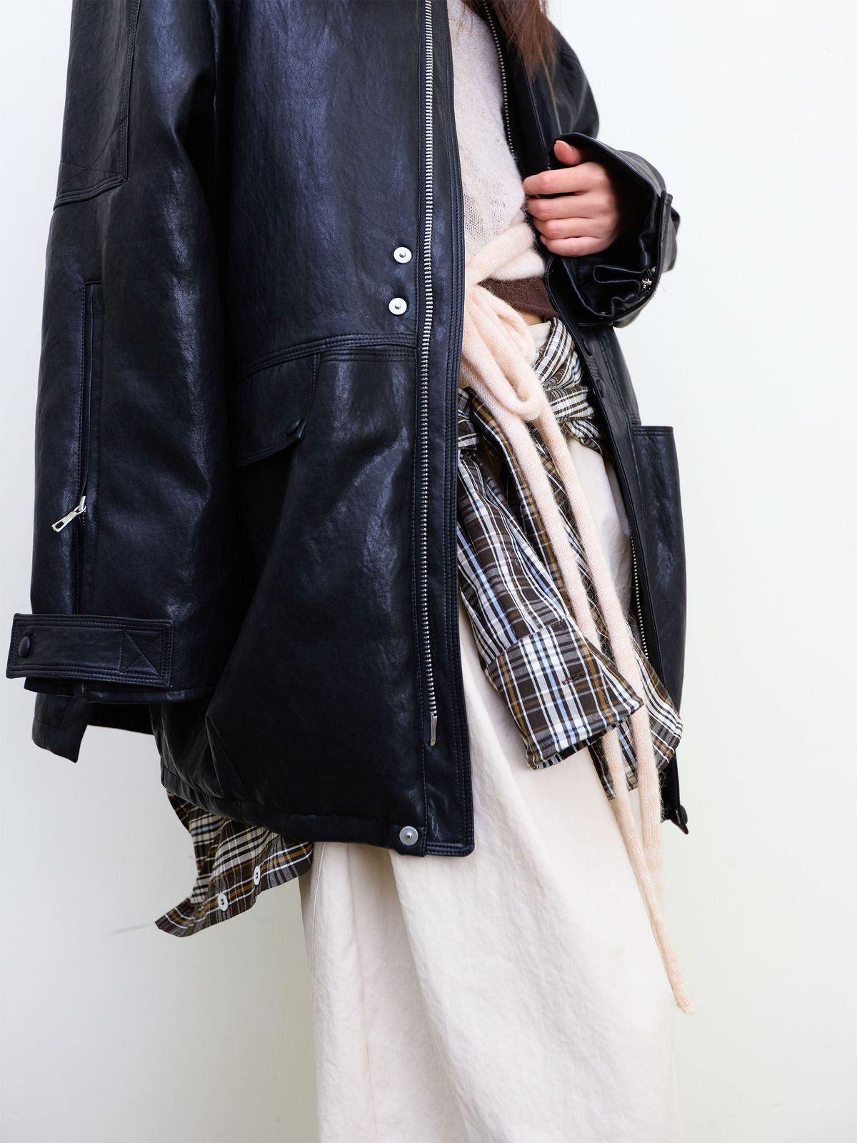 NeverSeez Mid Length Faux Leather Coat in Black - On Model