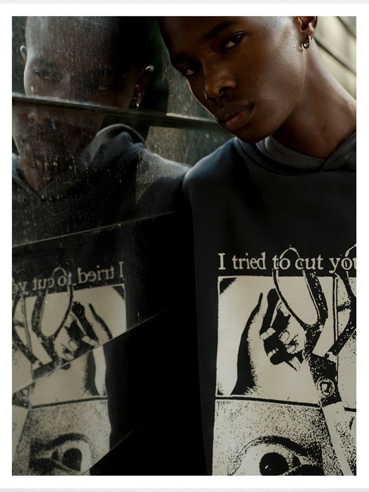 TRIANGLE PROJECT Heavyweight Distressed Graphic Hoodie in Gray - On Model