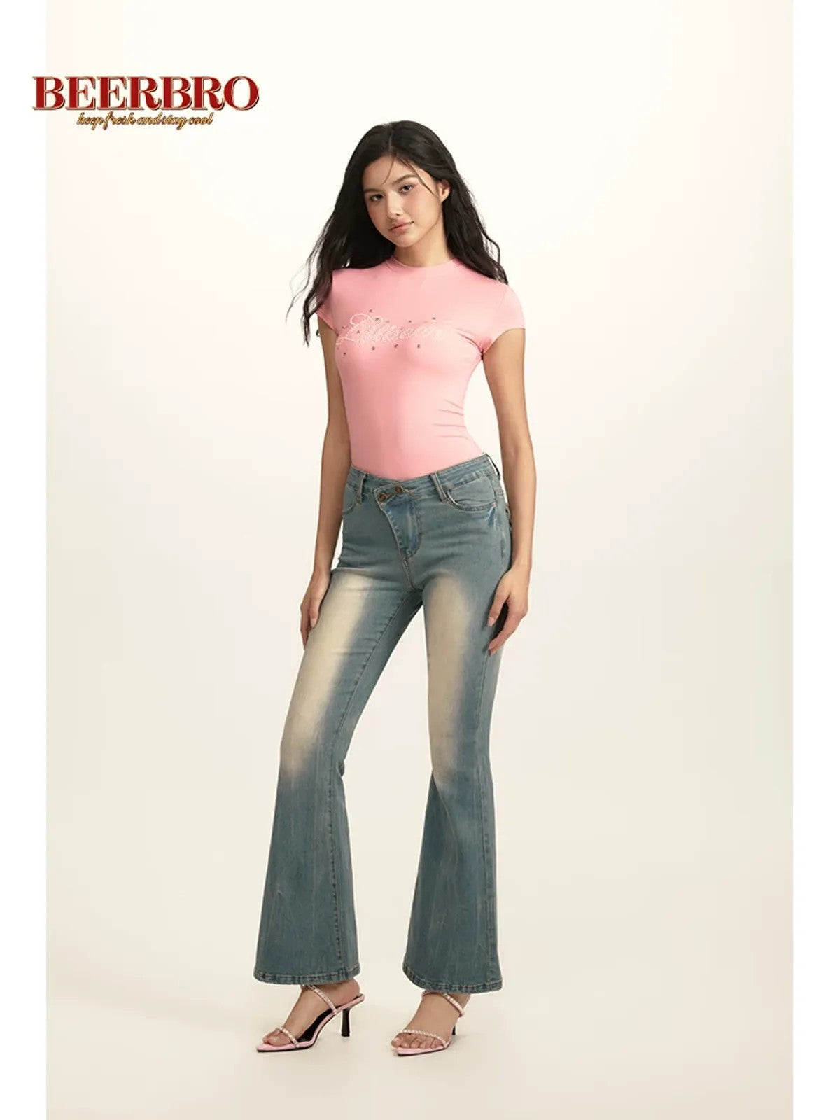 BeerBro Pearl Rhinestone Graphic Baby Tee in Pink - On Model