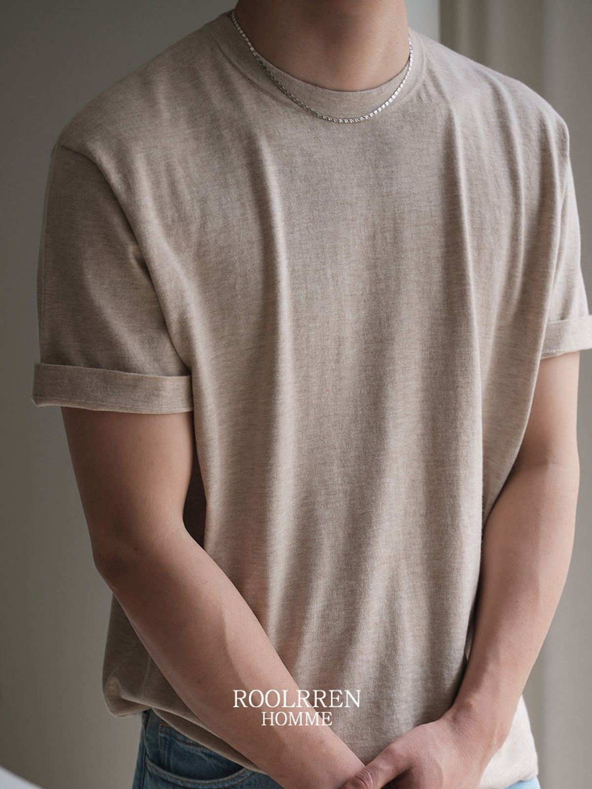 Roolrren Homme Organic Cotton Blend T Shirt in Beige - On Model