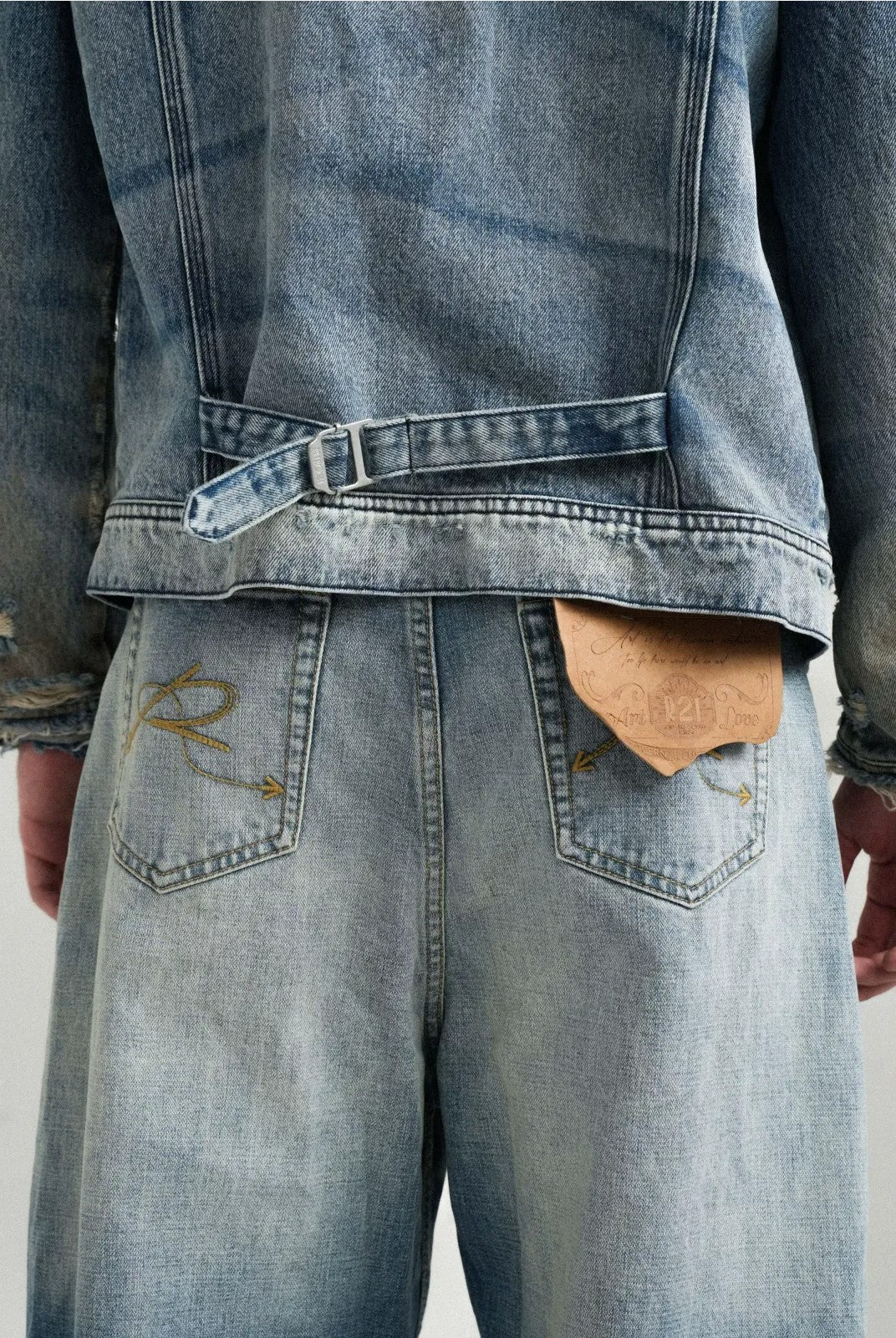 Retro 21 Gradient Distressed Denim Zip Jacket in Blue - On Model