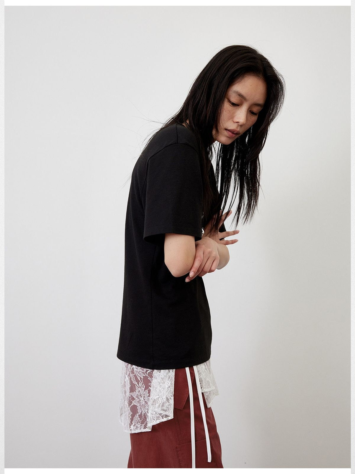 RandomPiece Linen Blend U Neck T Shirt in Black - On Model