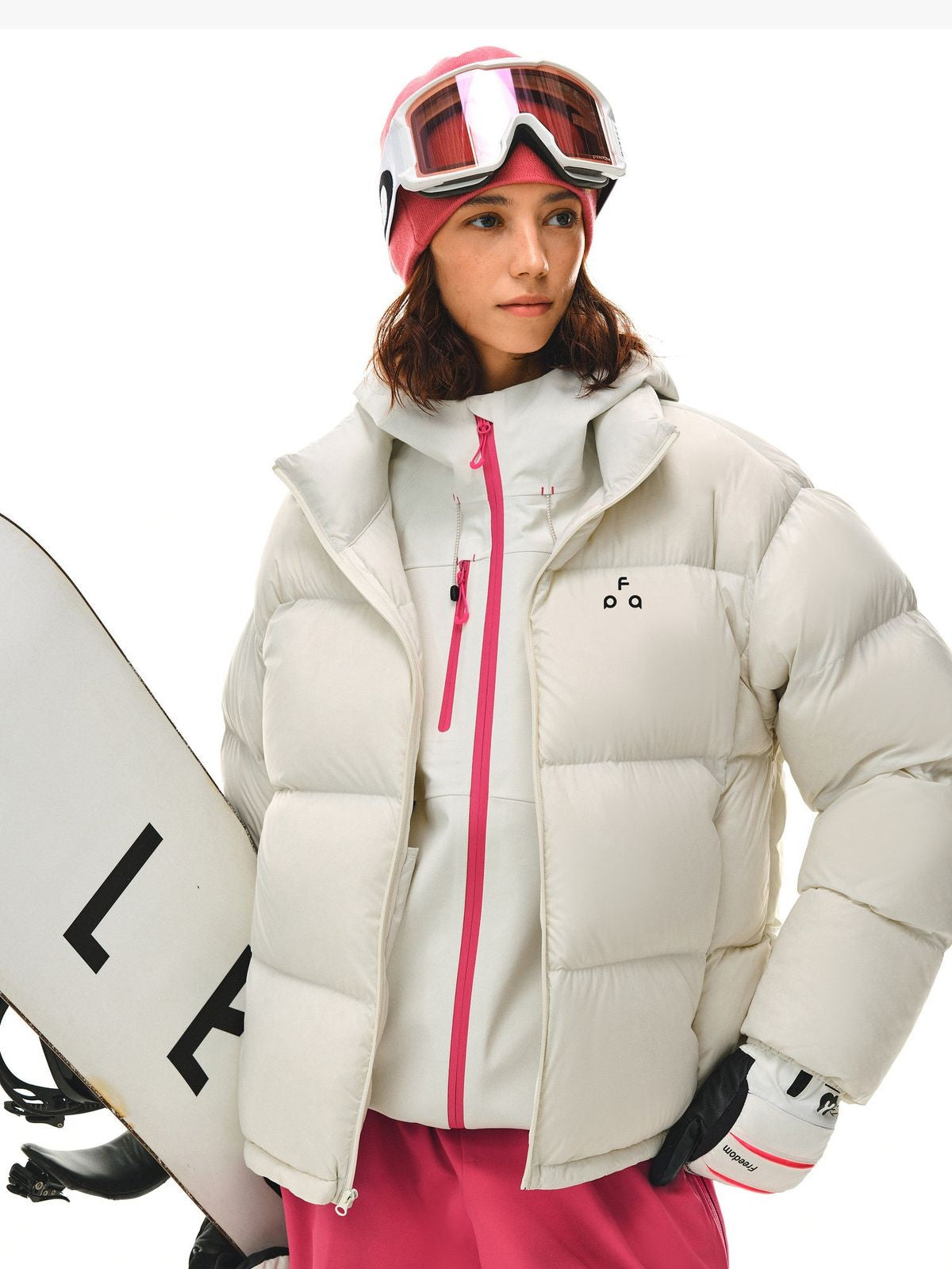 FPA Logo Print Down Puffer Jacket in White - On Female Model
